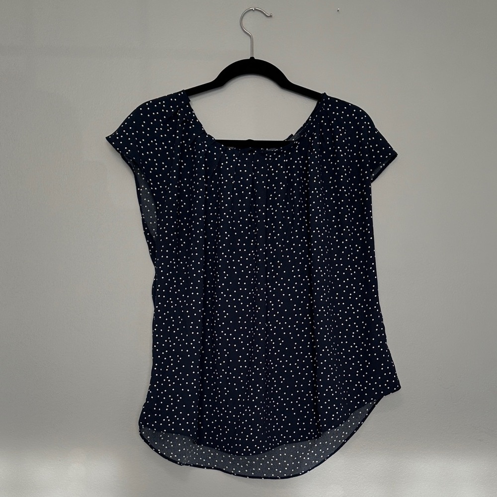 LC Lauren Conrad Navy and White Polka Dot Blouse